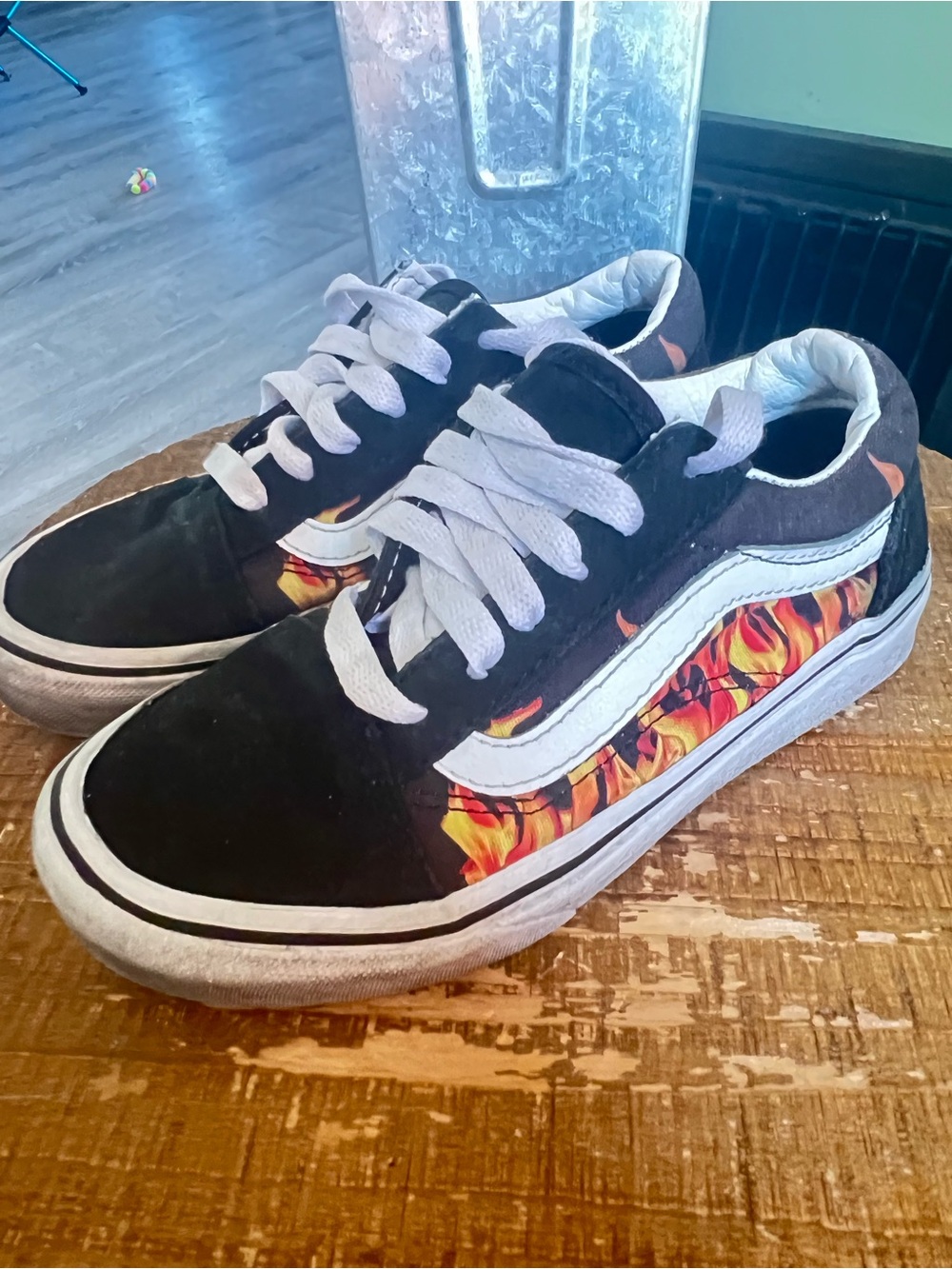 Vans Kids Black Sneakers with Orange and Yellow Flame Side Panel